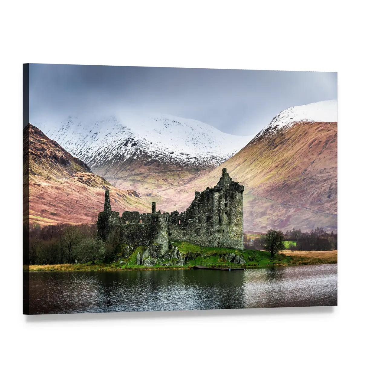 Kilchurn Castle in Winter Canvas Wall Art, single panel gallery wrapped canvas, angled product view