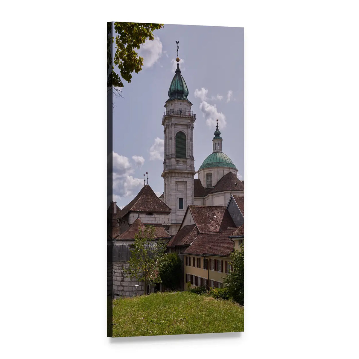 Steeple Church in Switzerland Vertical Canvas Wall Art, 1 panel 1 Vertical layout gallery wrapped canvas set, angled product view