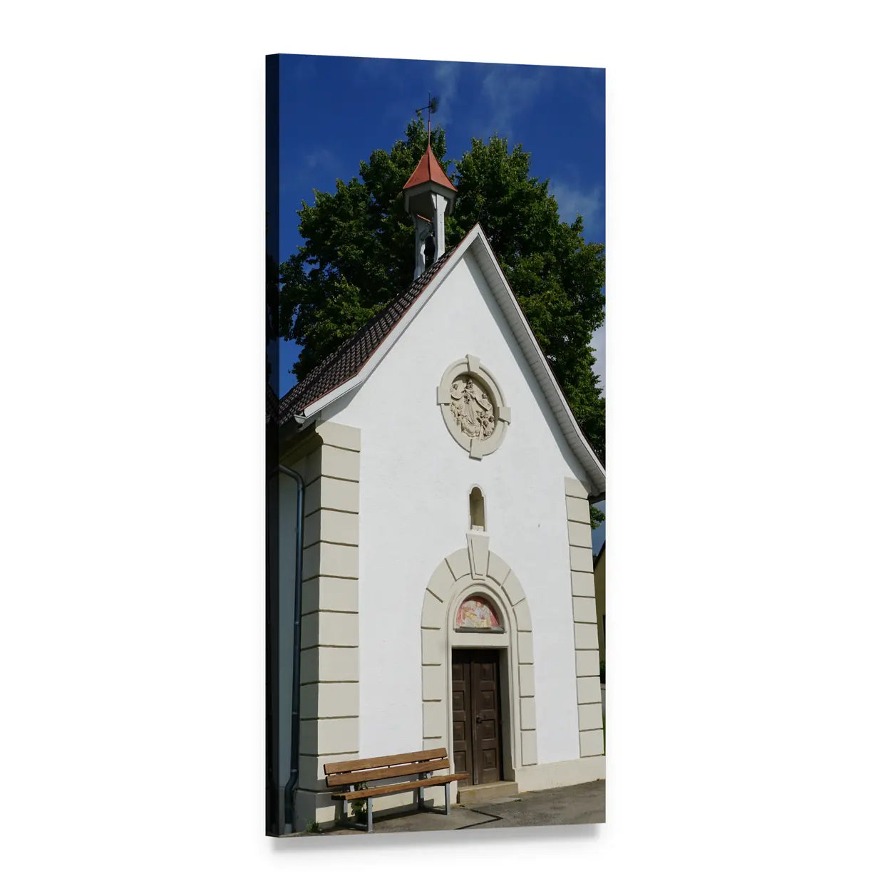 White Chapel with Red Bell Tower Vertical Canvas Wall Art, 1 panel 1 Vertical layout gallery wrapped canvas set, angled product view