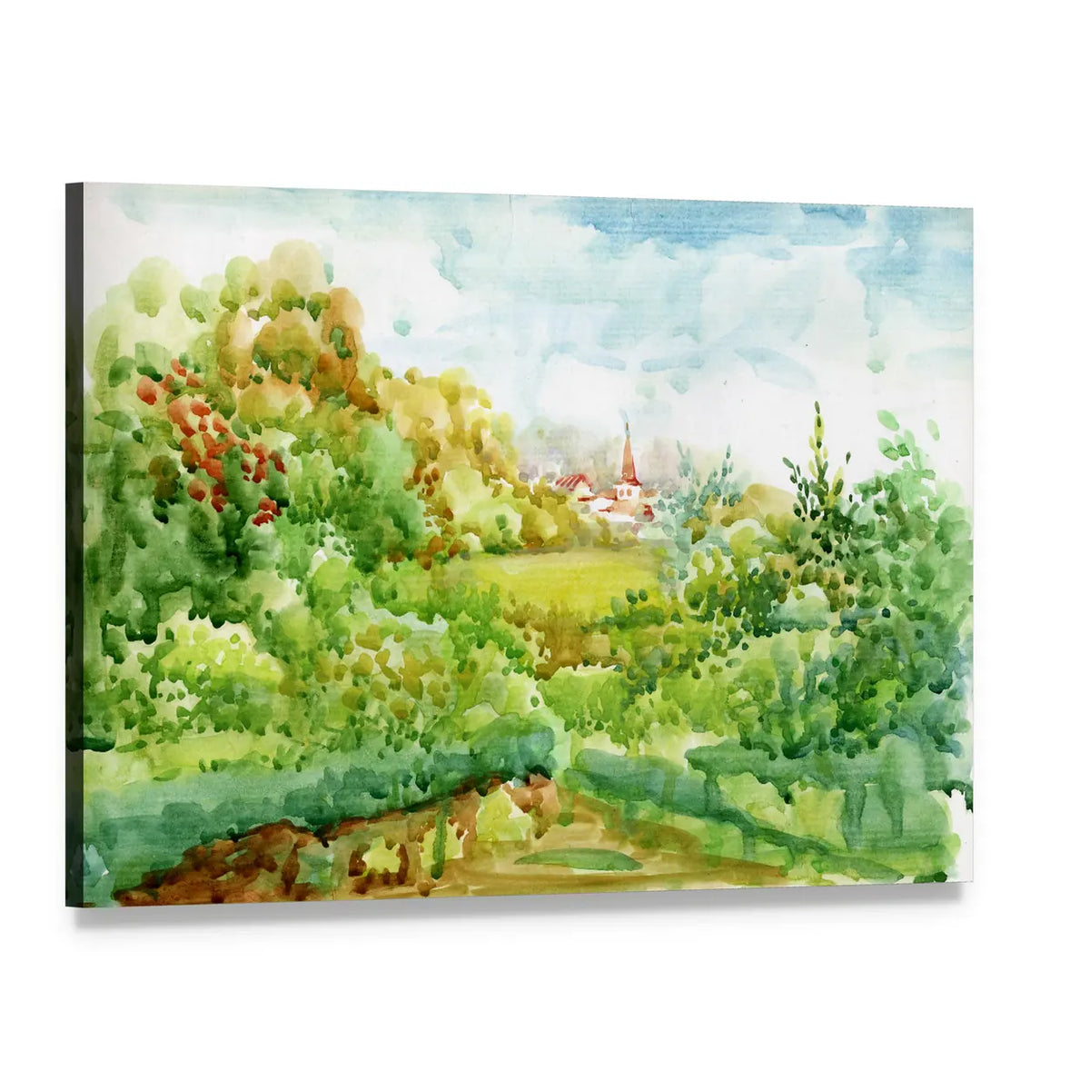 Village Watercolor Landscape with Red-roofed Church Canvas Wall Art, single panel gallery wrapped canvas, angled product view