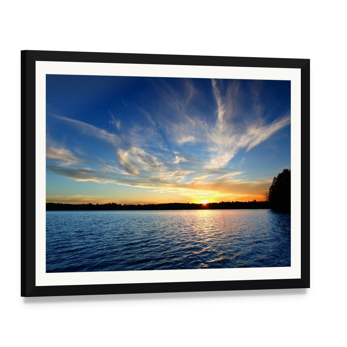 Northern Wisconsin Lake Sunset Canvas Wall Art, framed print with white mat and black frame, angled product view
