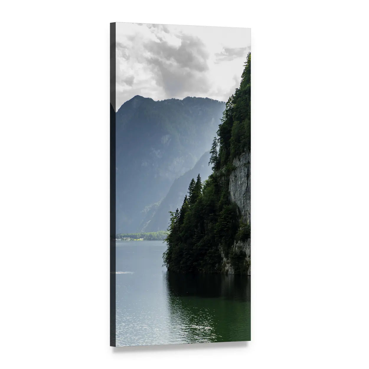 Steep Forest Cliff Over Green Lake Vertical Canvas Wall Art, 1 panel 1 Vertical layout gallery wrapped canvas set, angled product view