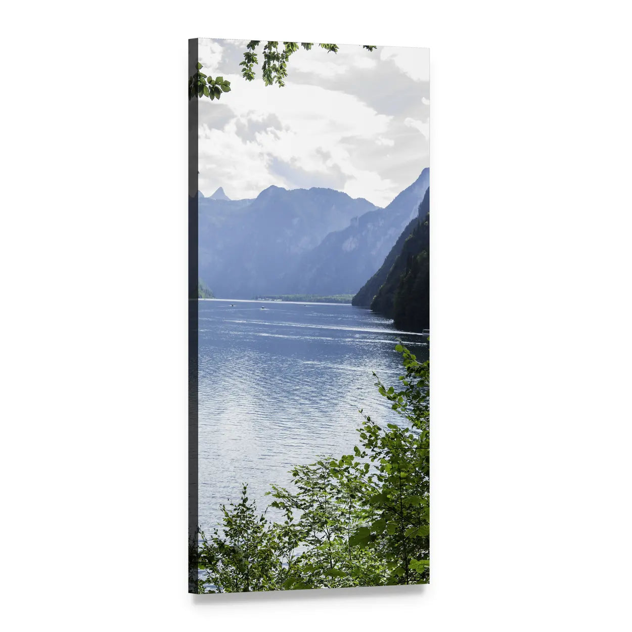 Summer Lake with Misty Mountains Vertical Canvas Wall Art, 1 panel 1 Vertical layout gallery wrapped canvas set, angled product view