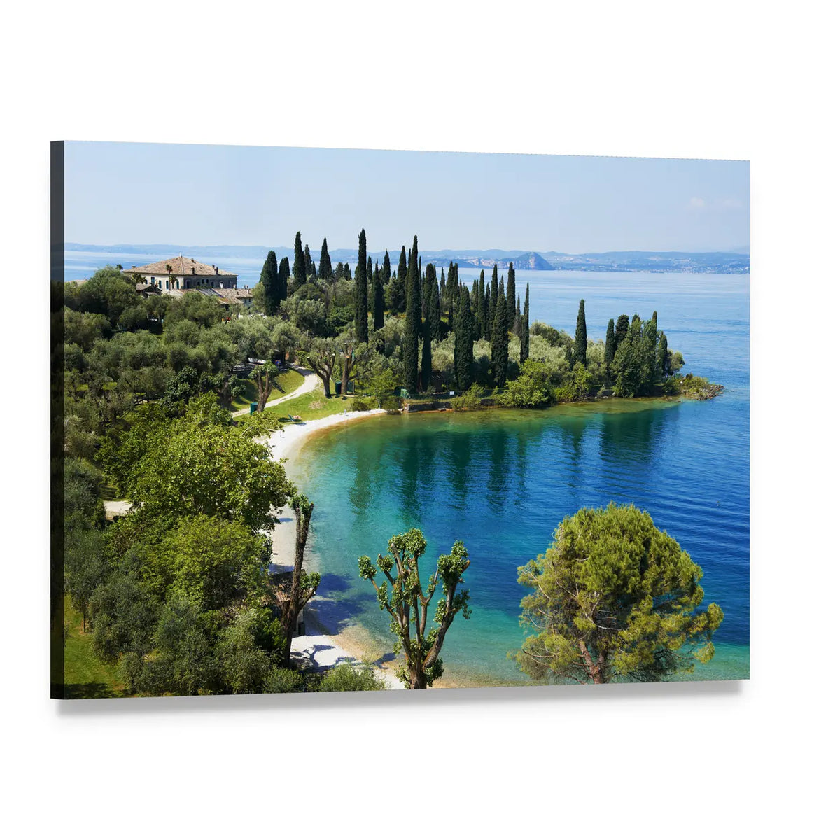 Lake Garda Coastal Cove with Cypress Trees Canvas Wall Art, single panel gallery wrapped canvas, angled product view
