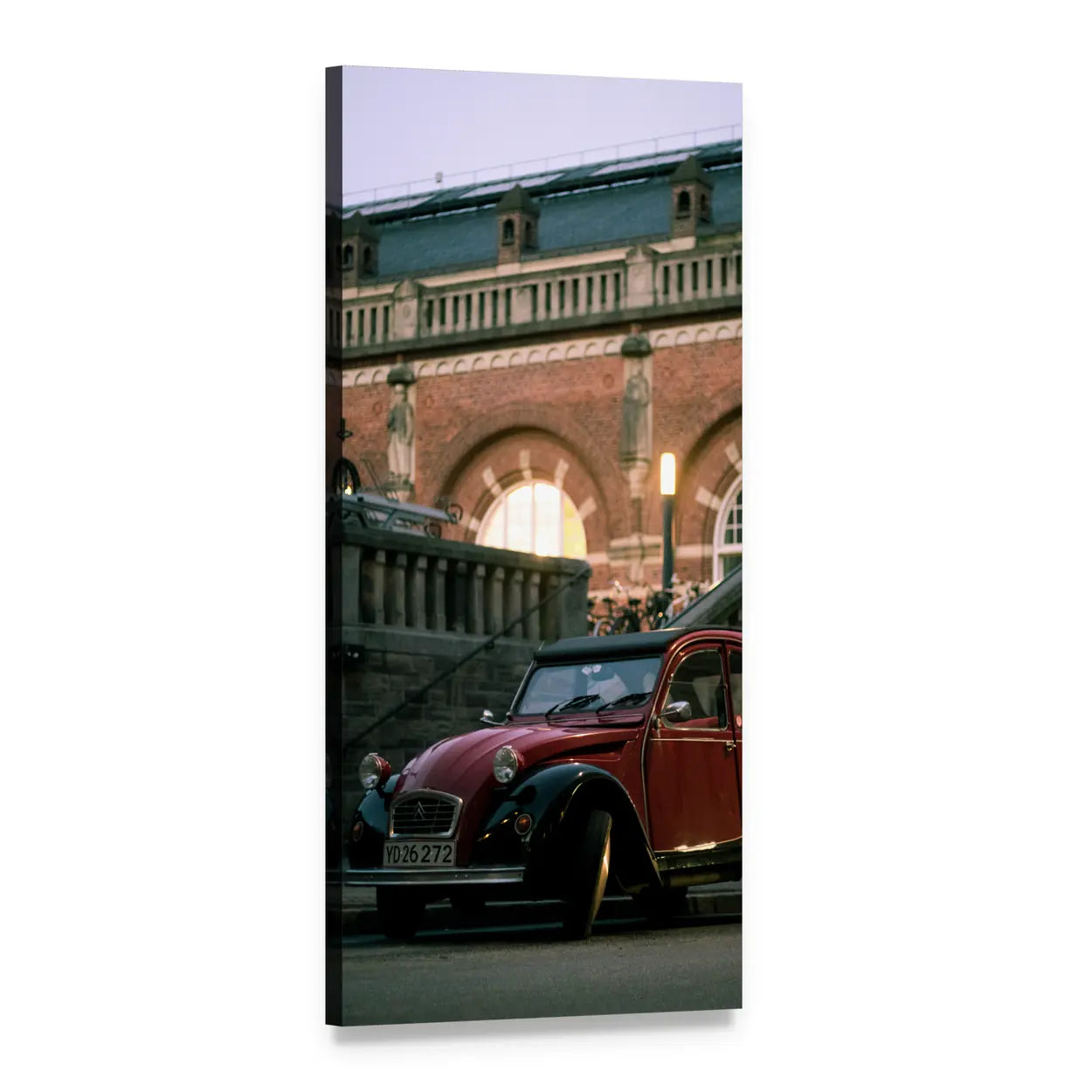 Red Vintage Car on Old Street Vertical Canvas Wall Art, 1 panel 1 Vertical layout gallery wrapped canvas set, angled product view