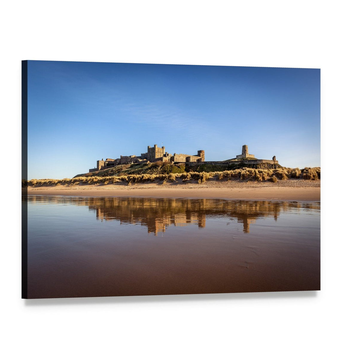 Bamburgh Castle on Sandy Beach Canvas Wall Art, single panel gallery wrapped canvas, angled product view