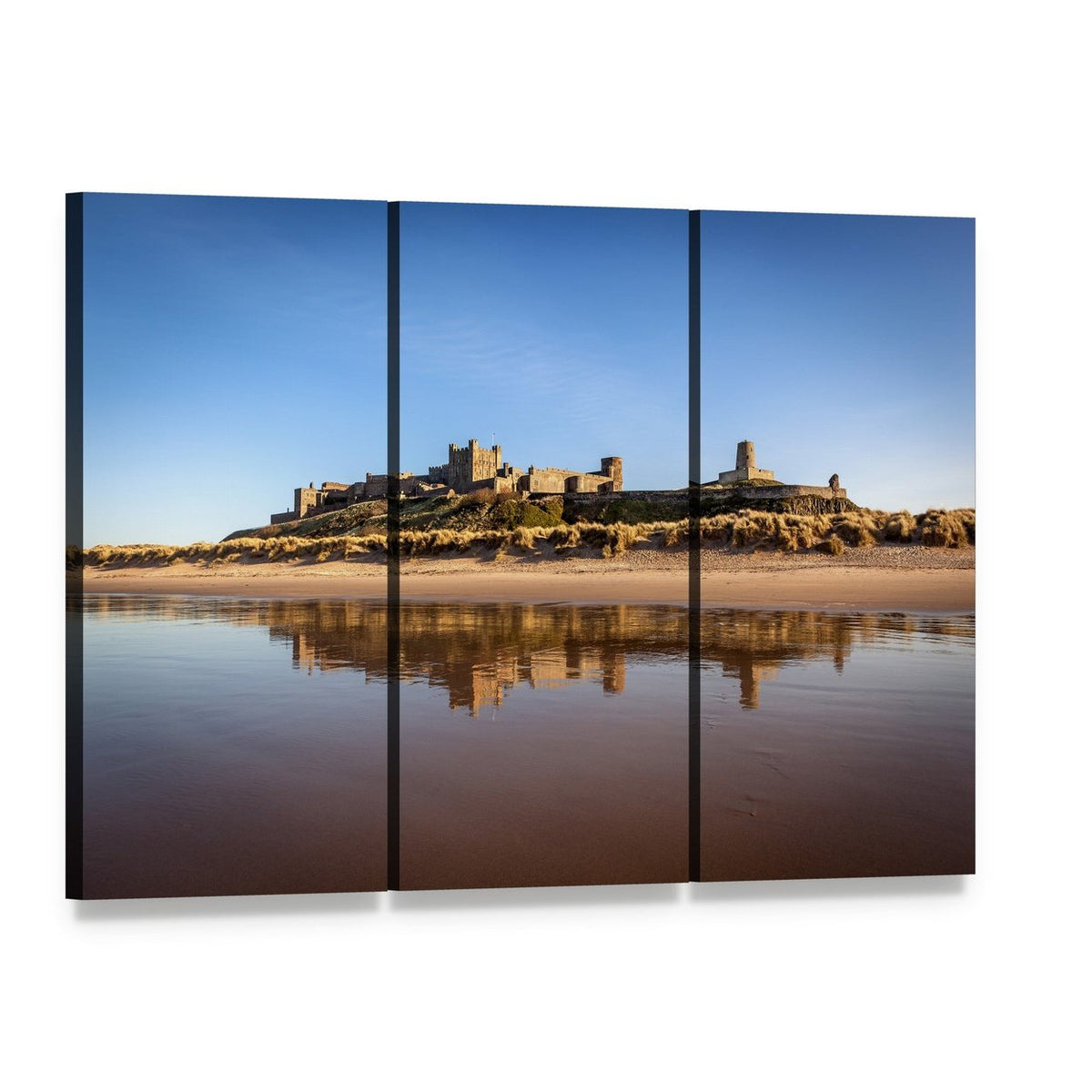 Bamburgh Castle on Sandy Beach Canvas Wall Art, 3 panel 3 Horizontal layout gallery wrapped canvas set, angled product view