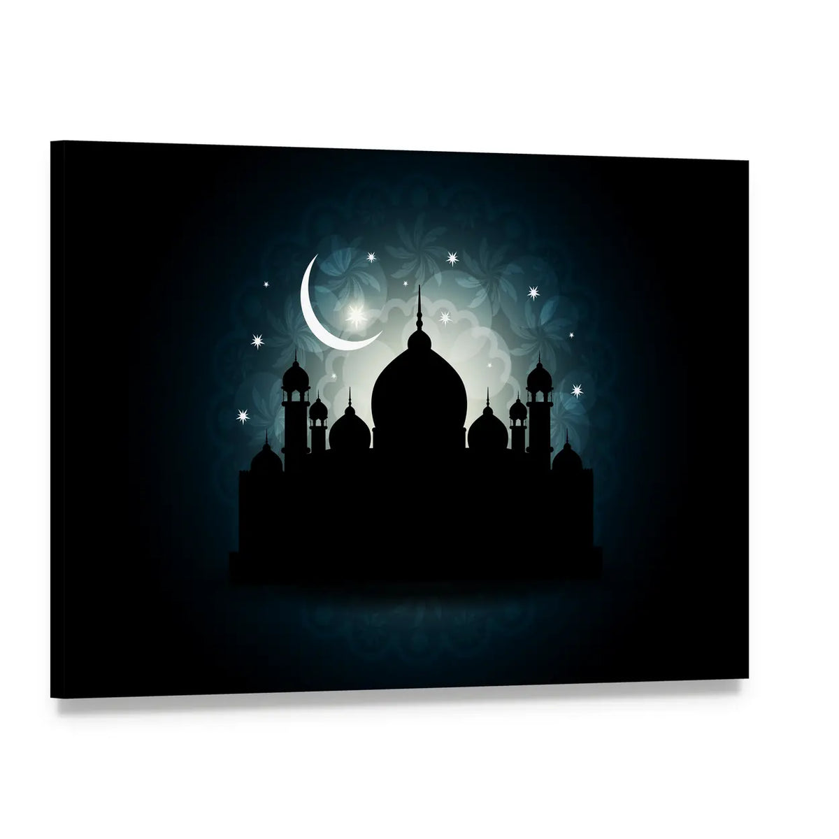 Mosque Silhouette with Crescent Moon and Mandala Canvas Wall Art, single panel gallery wrapped canvas, angled product view