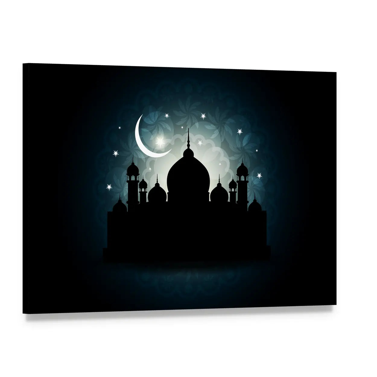 Mosque Silhouette with Crescent Moon and Mandala Canvas Wall Art, single panel gallery wrapped canvas, angled product view