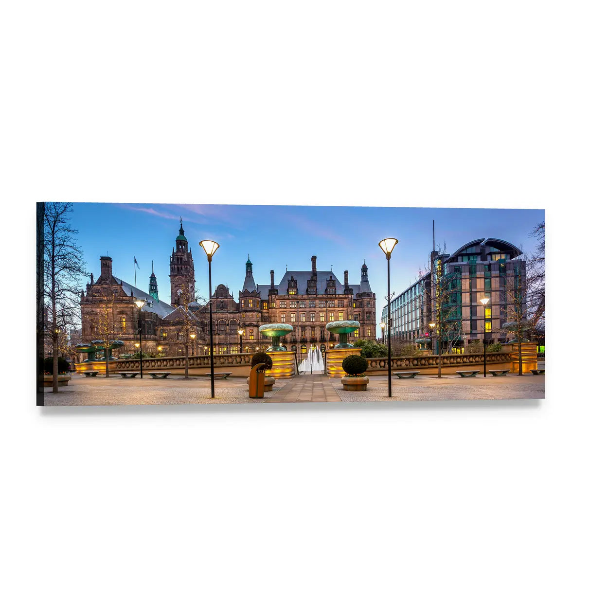 Sheffield Town Hall and Peace Gardens at Dusk Panoramic Canvas Wall Art, single panel gallery wrapped canvas, angled product view