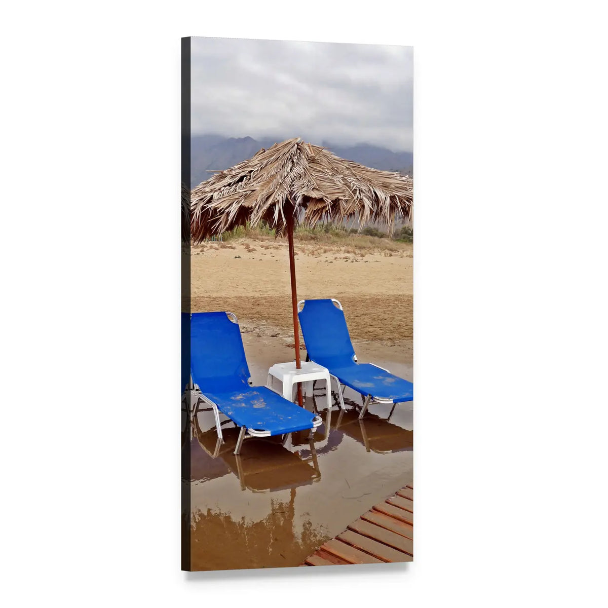Two Blue Lounge Chairs on Beach Vertical Canvas Wall Art, 1 panel 1 Vertical layout gallery wrapped canvas set, angled product view
