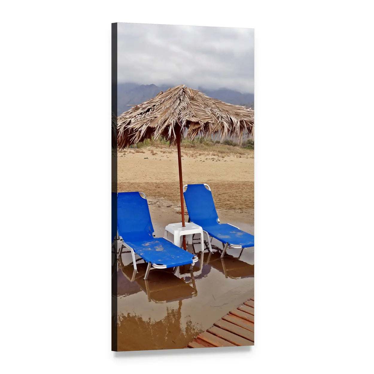 Two Blue Lounge Chairs on Beach Vertical Canvas Wall Art, 1 panel 1 Vertical layout gallery wrapped canvas set, angled product view