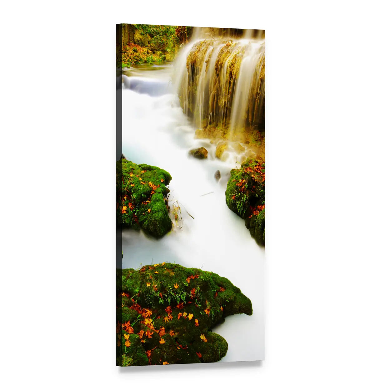 Waterfall with Mossy Rocks and Autumn Leaves Vertical Canvas Wall Art, 1 panel 1 Vertical layout gallery wrapped canvas set, angled product view