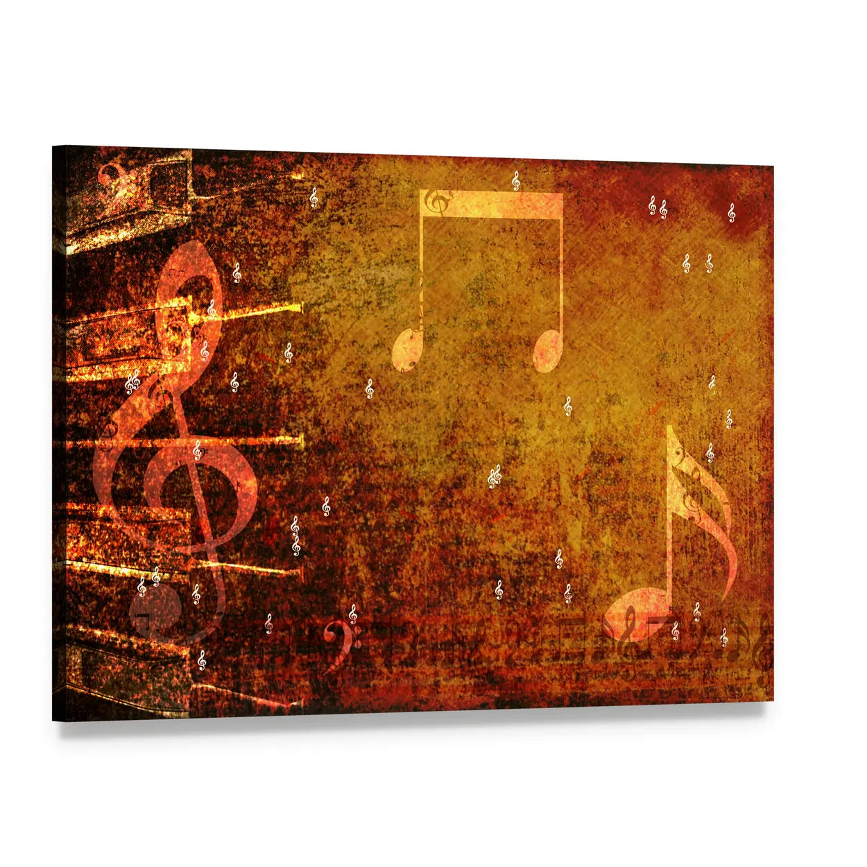 Grunge Music Notes with Golden-orange Glow Canvas Wall Art, single panel gallery wrapped canvas, angled product view
