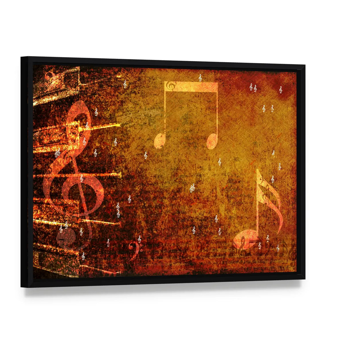 Grunge Music Notes with Golden-orange Glow Canvas Wall Art, framed canvas in a black floater frame, angled product view