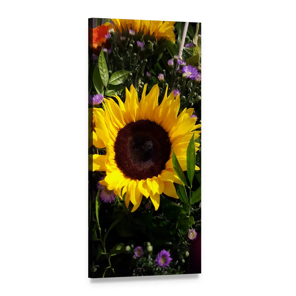 Sunflower Close-up with Wildflowers Vertical Canvas Wall Art, 1 panel 1 Vertical layout gallery wrapped canvas set, angled product view