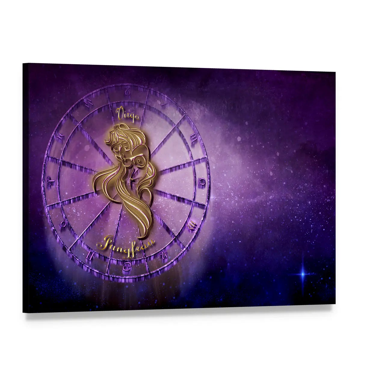 Virgo Zodiac Wheel with Golden Figure Canvas Wall Art, single panel gallery wrapped canvas, angled product view
