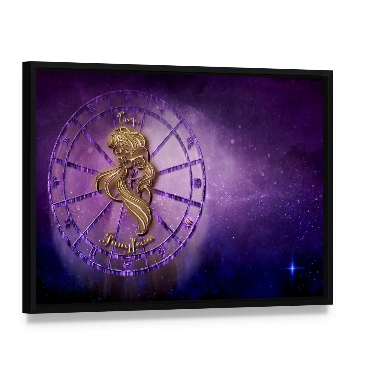 Virgo Zodiac Wheel with Golden Figure Canvas Wall Art, framed canvas in a black floater frame, angled product view