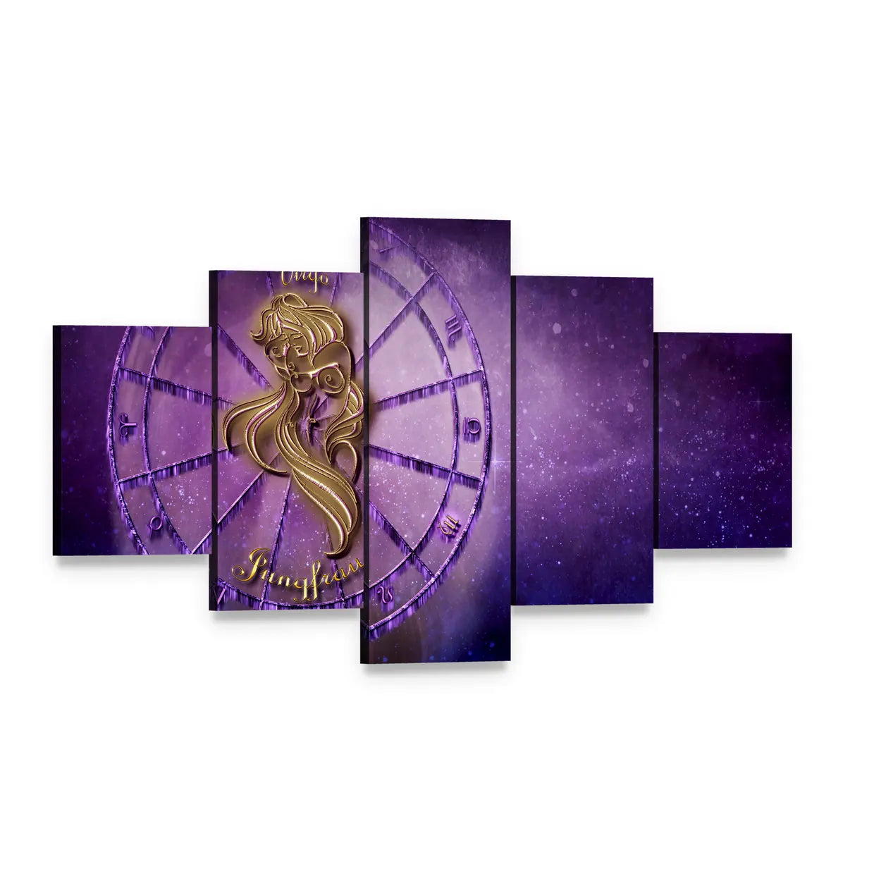 Virgo Zodiac Wheel with Golden Figure Canvas Wall Art, 5 panel 5 Star layout gallery wrapped canvas set, angled product view