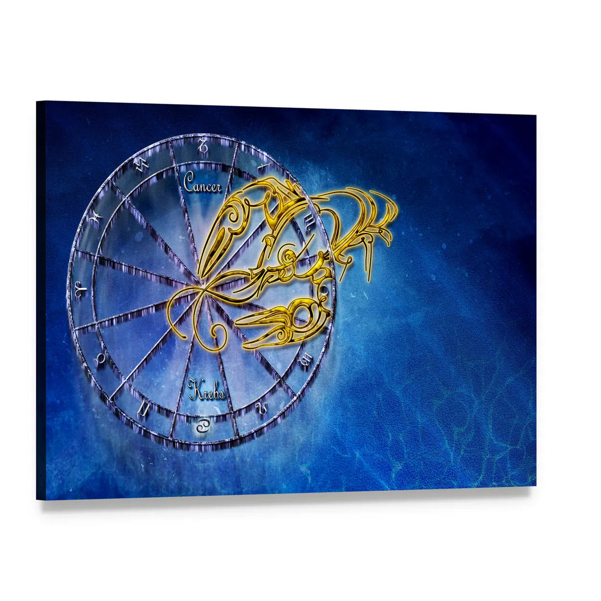 Cancer Zodiac Wheel with Golden Crab Canvas Wall Art, single panel gallery wrapped canvas, angled product view