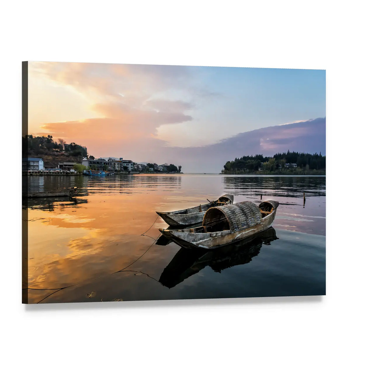 Erhai Lake Sunset with Wooden Boats Canvas Wall Art, single panel gallery wrapped canvas, angled product view