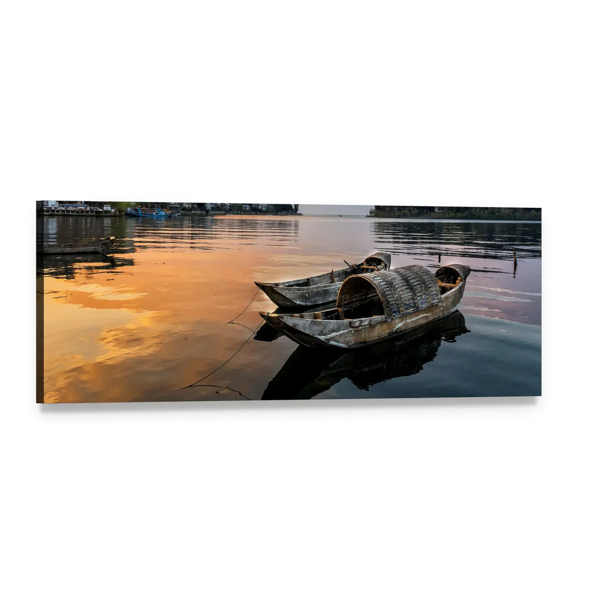 Erhai Lake Sampans at Sunset Panoramic Canvas Wall Art, single panel gallery wrapped canvas, angled product view