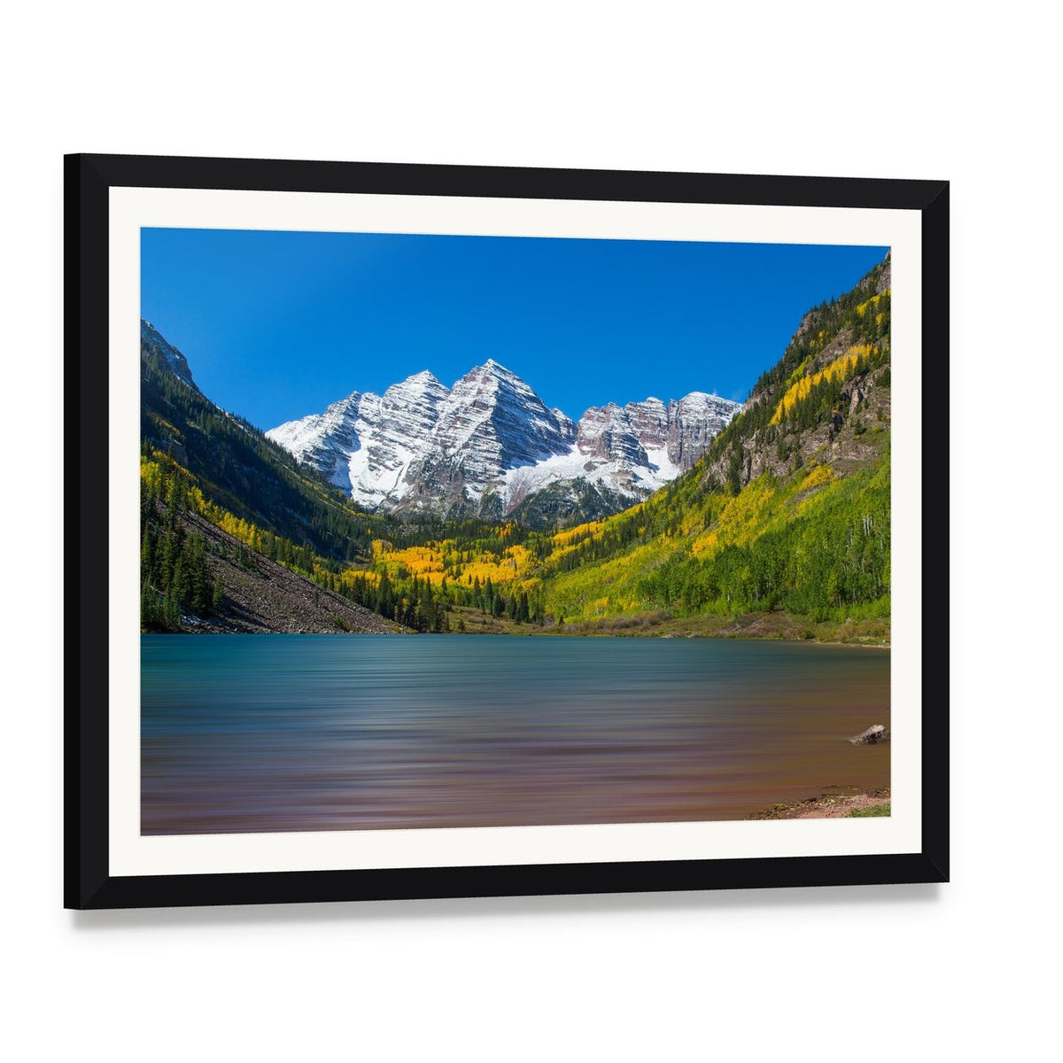 Maroon Bells in Autumn Canvas Wall Art, framed print with white mat and black frame, angled product view