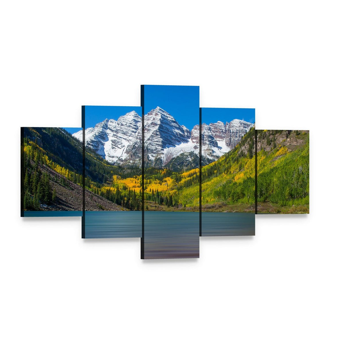 Maroon Bells in Autumn Canvas Wall Art, 5 panel 5 Star layout gallery wrapped canvas set, angled product view