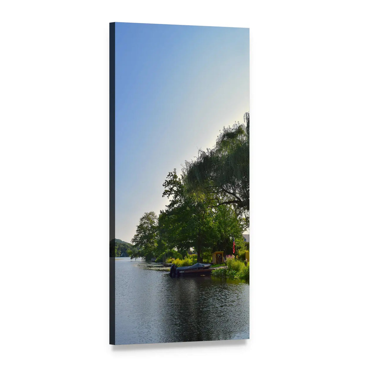 Sunlit Lake with Boat and Shed Vertical Canvas Wall Art, 1 panel 1 Vertical layout gallery wrapped canvas set, angled product view