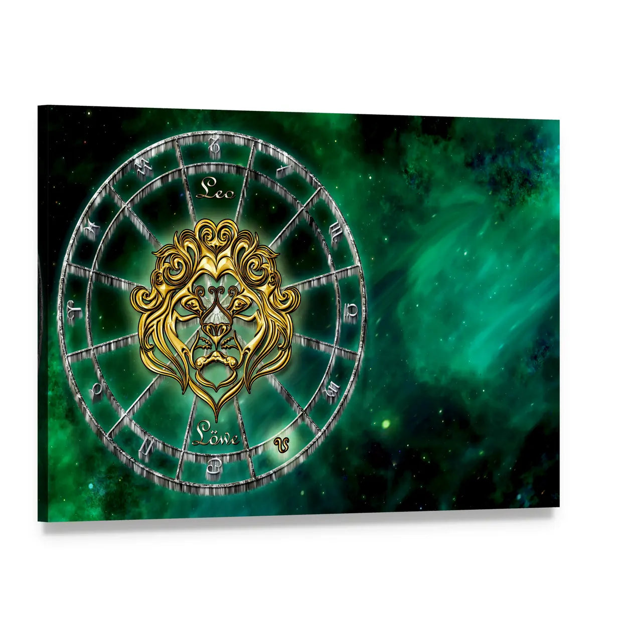 Golden Leo Zodiac Symbol Canvas Wall Art, single panel gallery wrapped canvas, angled product view