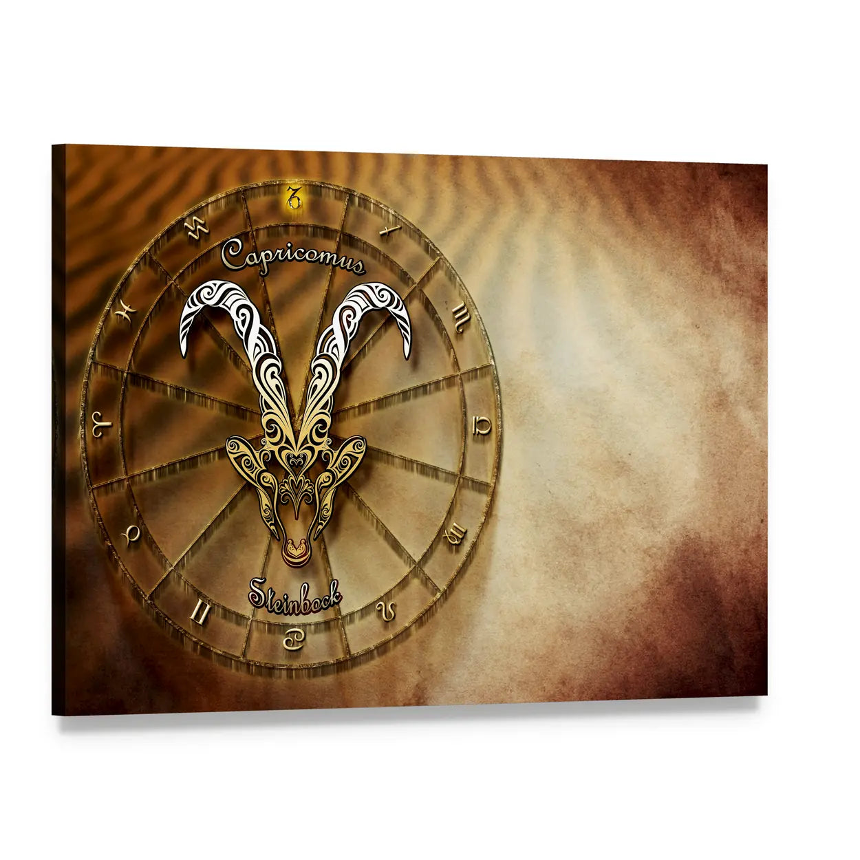 Capricorn Zodiac Wheel with Goat Head Canvas Wall Art, single panel gallery wrapped canvas, angled product view