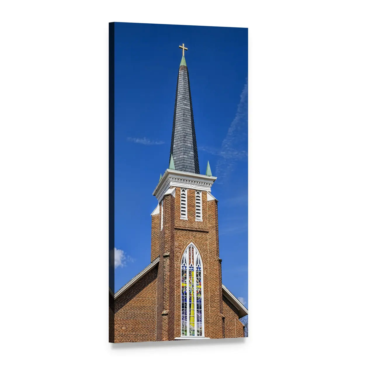 Brick Church Steeple with Stained Glass and Cross Vertical Canvas Wall Art, 1 panel 1 Vertical layout gallery wrapped canvas set, angled product view