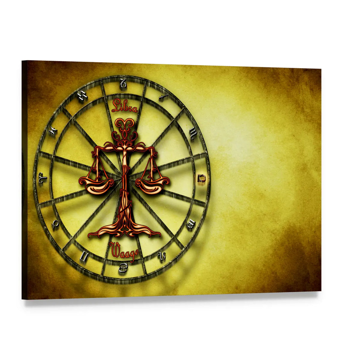 Libra Zodiac Wheel with Scales Canvas Wall Art, single panel gallery wrapped canvas, angled product view