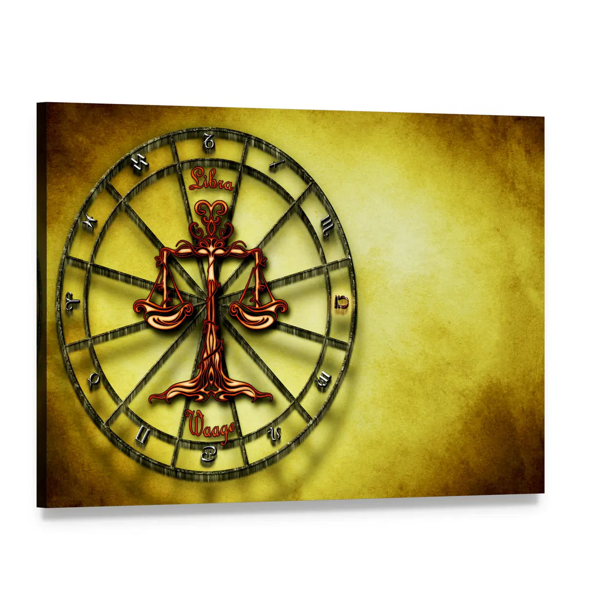 Libra Zodiac Wheel with Scales Canvas Wall Art, single panel gallery wrapped canvas, angled product view