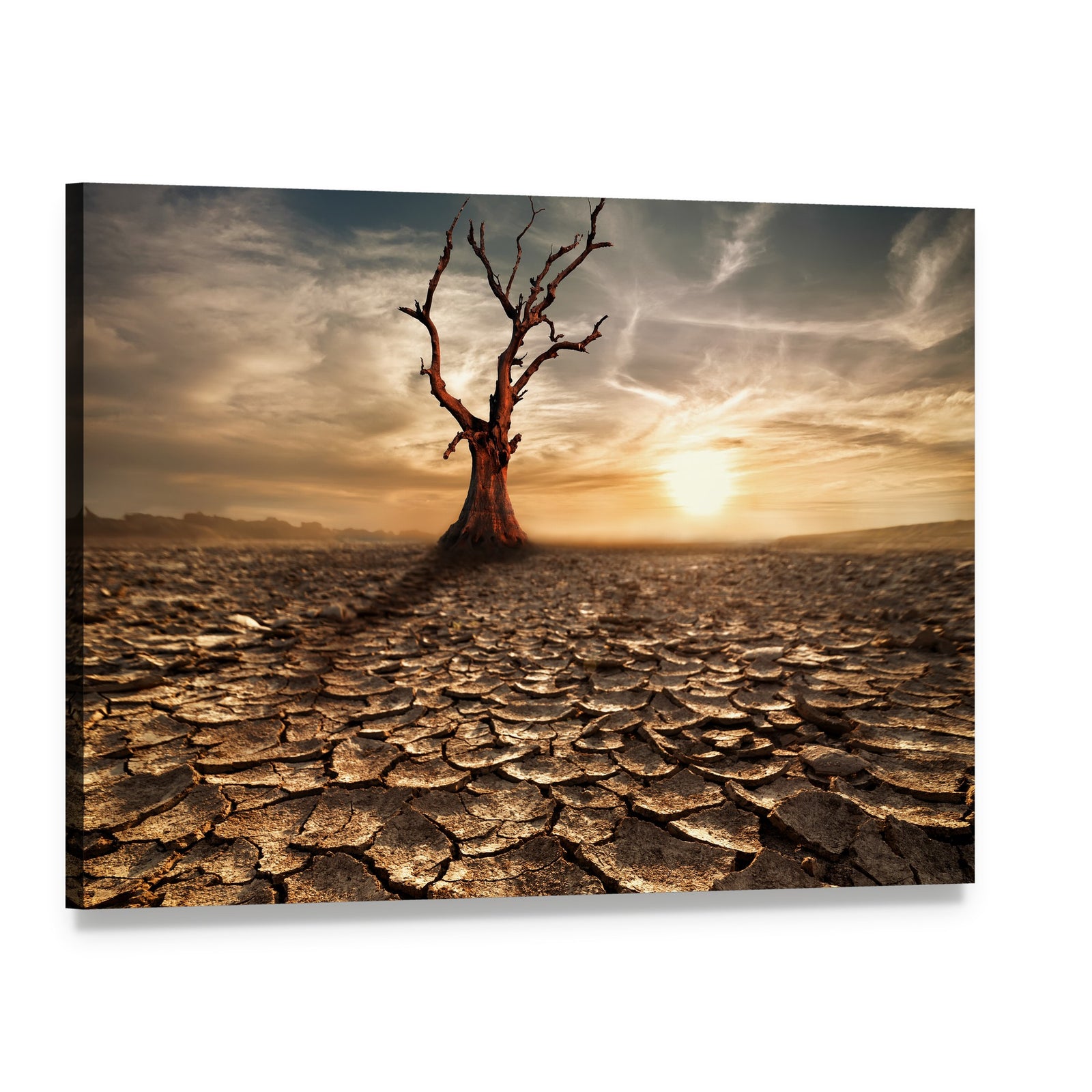 Sunset Over Drought-cracked Desert Canvas Wall Art, single panel gallery wrapped canvas, angled product view
