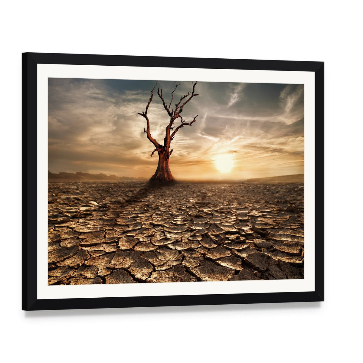 Sunset Over Drought-cracked Desert Canvas Wall Art, framed print with white mat and black frame, angled product view