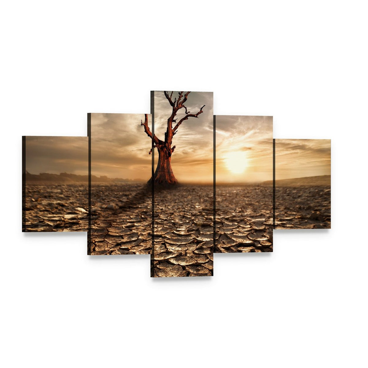 Sunset Over Drought-cracked Desert Canvas Wall Art, 5 panel 5 Star layout gallery wrapped canvas set, angled product view