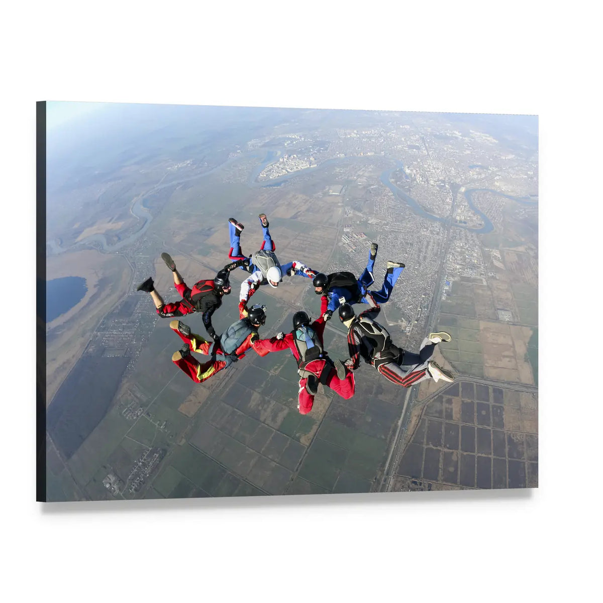 Six Skydivers in Circular Formation Canvas Wall Art, single panel gallery wrapped canvas, angled product view