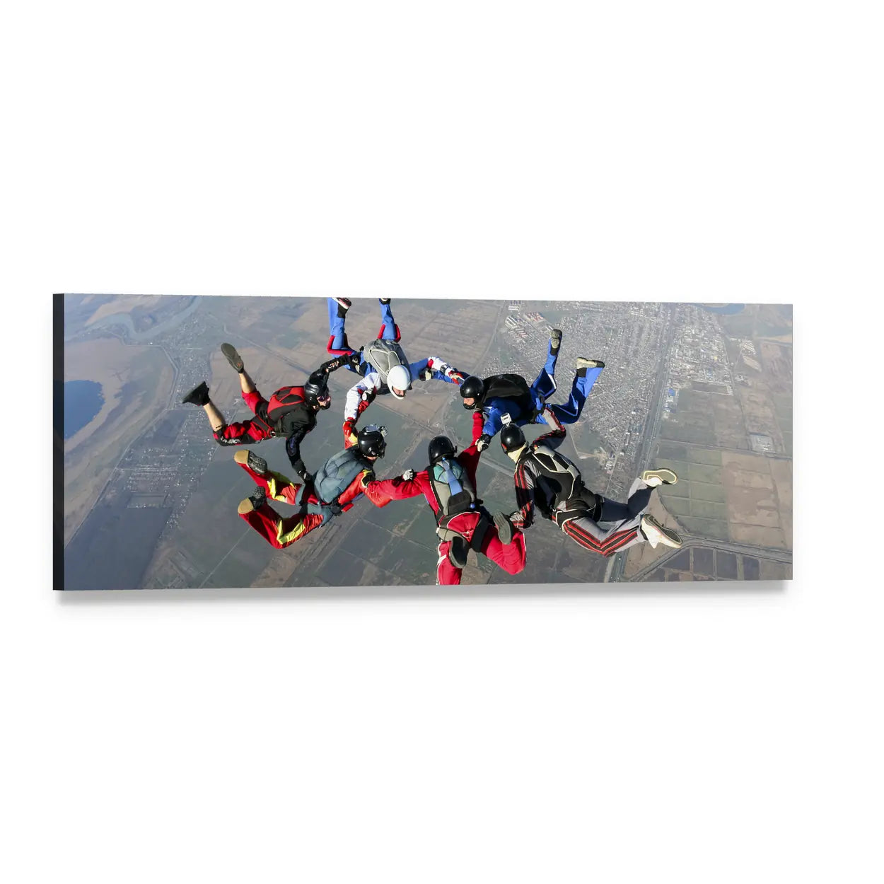 Six Skydivers in Star Formation Panoramic Canvas Wall Art, single panel gallery wrapped canvas, angled product view