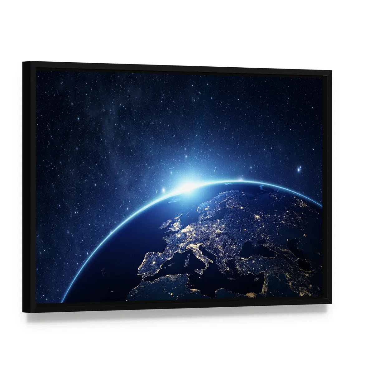 Earth from Space Canvas Wall Art, framed canvas in a black floater frame, angled product view