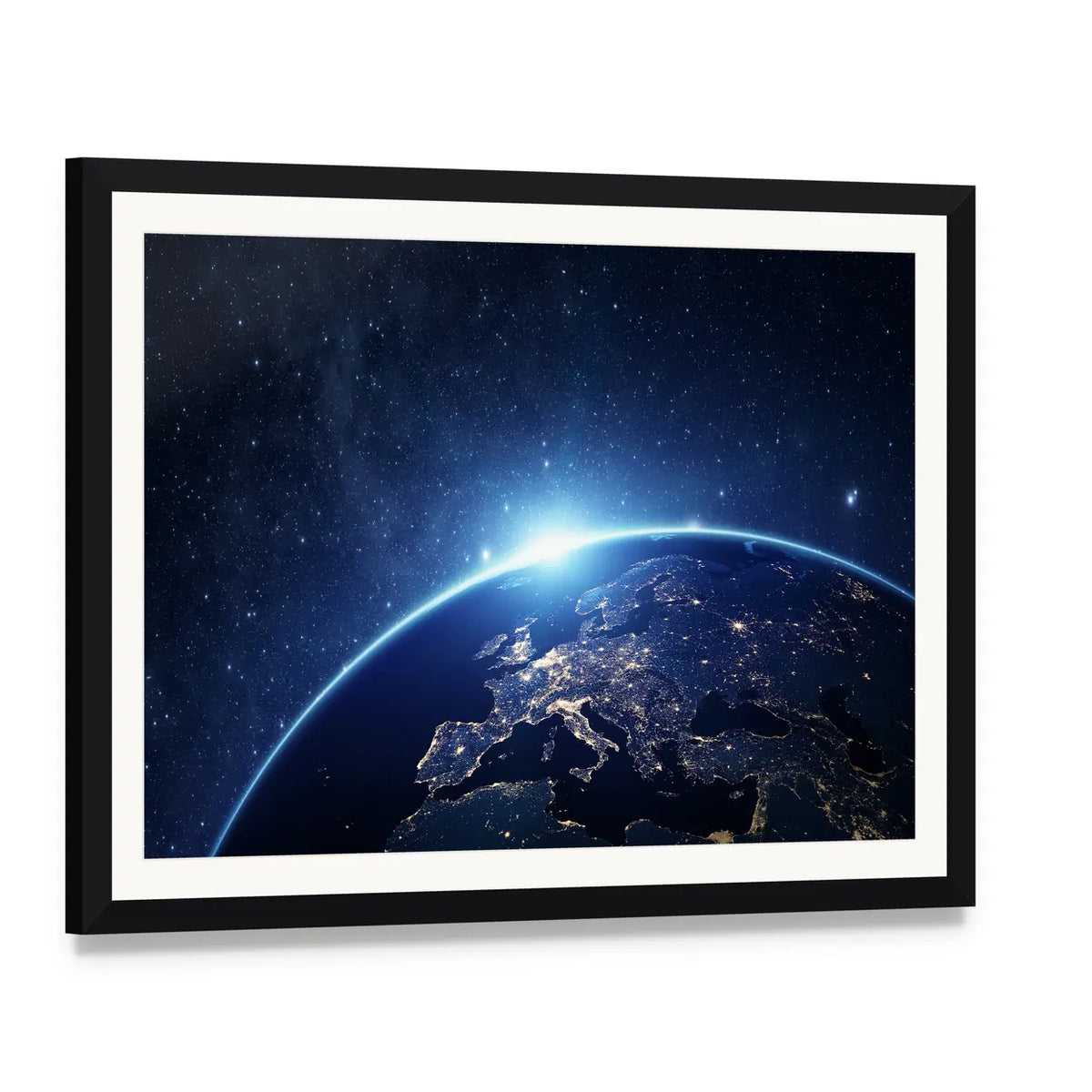 Earth from Space Canvas Wall Art, framed print with white mat and black frame, angled product view