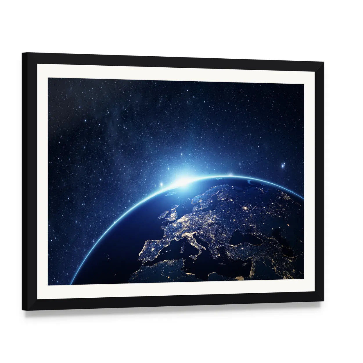 Earth from Space Canvas Wall Art, framed print with white mat and black frame, angled product view