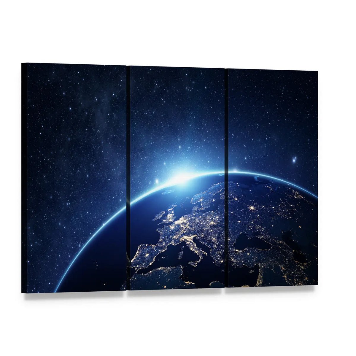 Earth from Space Canvas Wall Art, 3 panel 3 Horizontal layout gallery wrapped canvas set, angled product view