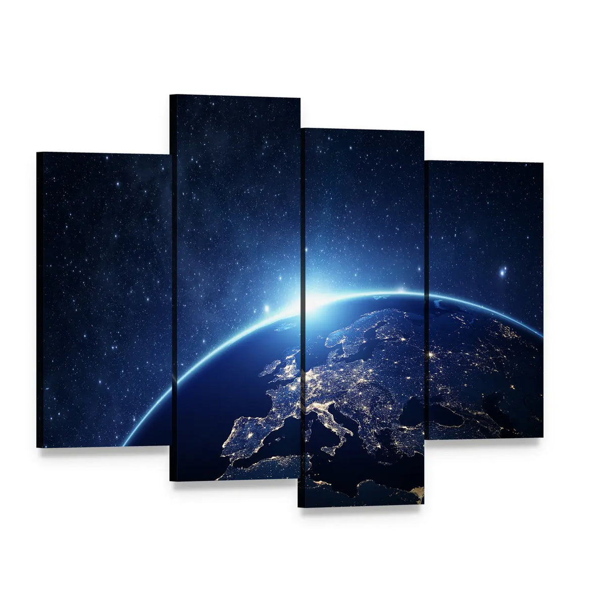 Earth from Space Canvas Wall Art, 4 panel 4 Pop layout gallery wrapped canvas set, angled product view