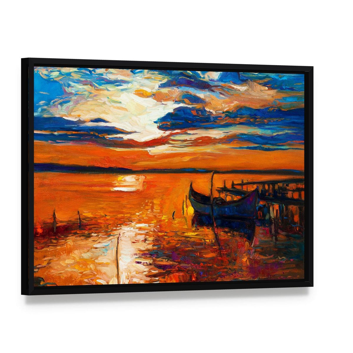 Boat in Ocean Canvas Wall Art, framed canvas in a black floater frame, angled product view