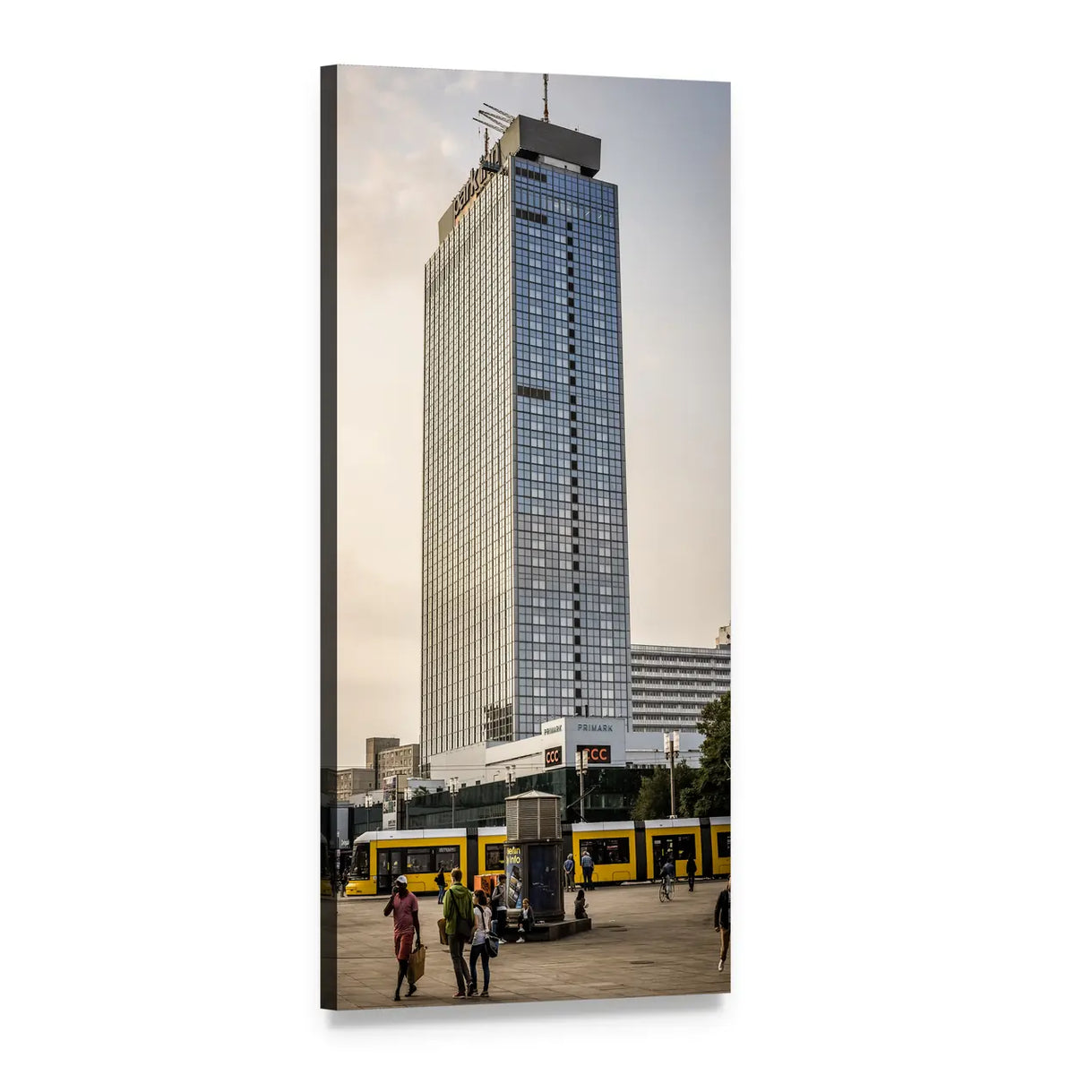 Yellow Tram at Park Inn Alexanderplatz Vertical Canvas Wall Art, 1 panel 1 Vertical layout gallery wrapped canvas set, angled product view