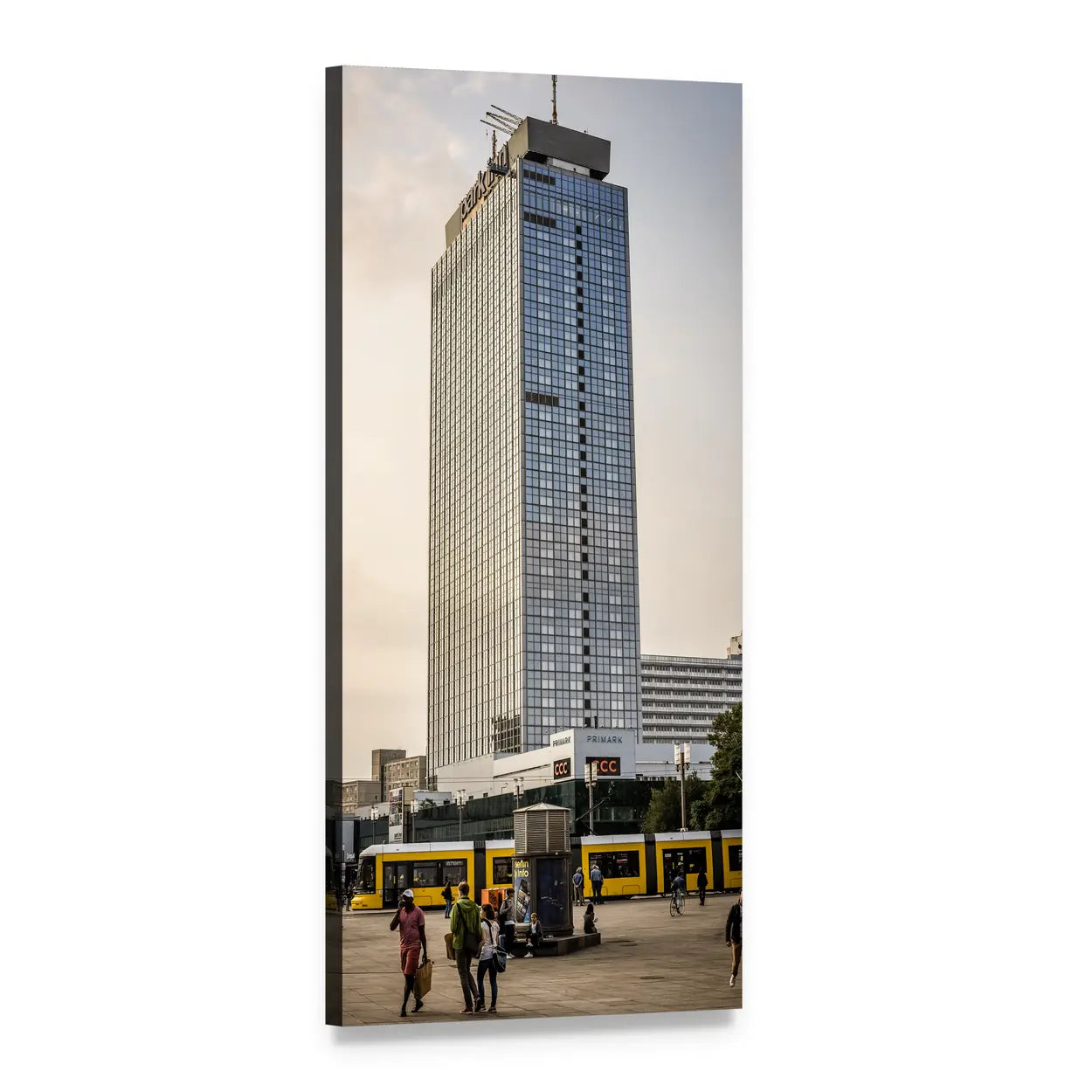 Yellow Tram at Park Inn Alexanderplatz Vertical Canvas Wall Art, 1 panel 1 Vertical layout gallery wrapped canvas set, angled product view