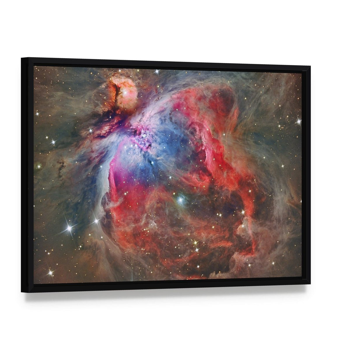 Orion Nebula Canvas Wall Art, framed canvas in a black floater frame, angled product view