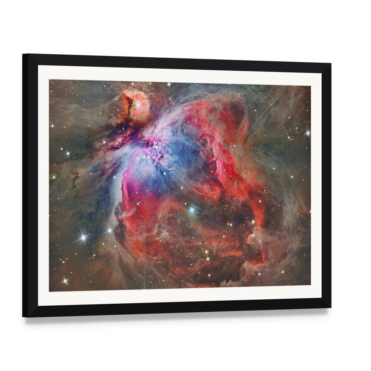 Orion Nebula Canvas Wall Art, framed print with white mat and black frame, angled product view