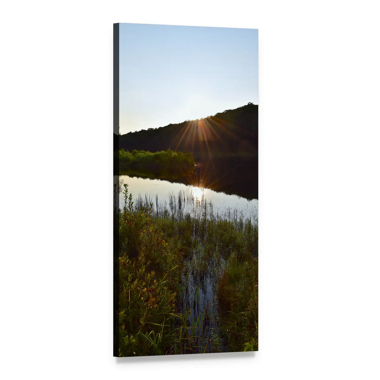 Sunburst Over Lake with Reeds Vertical Canvas Wall Art, 1 panel 1 Vertical layout gallery wrapped canvas set, angled product view